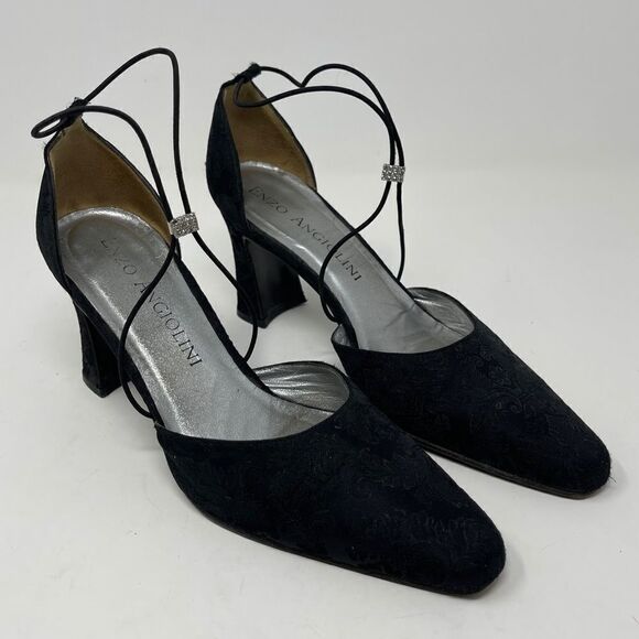Enzo Angiolini Party Shoe Black Brocade Elastic Straps Rhinestones Size 7 - Picture 1 of 9